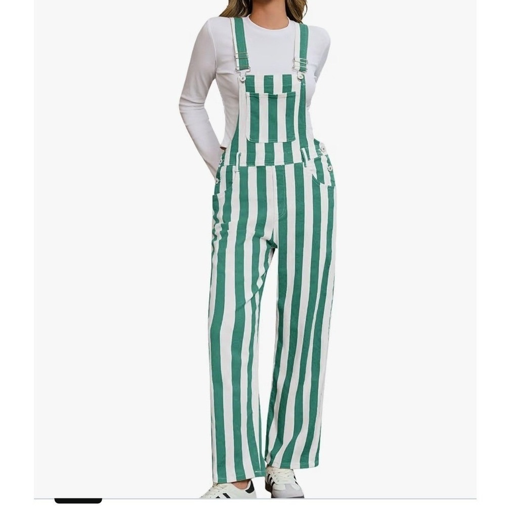 Magrank Striped Overalls Womens XL Green White Bib Denim Jumpsuit Retro 000